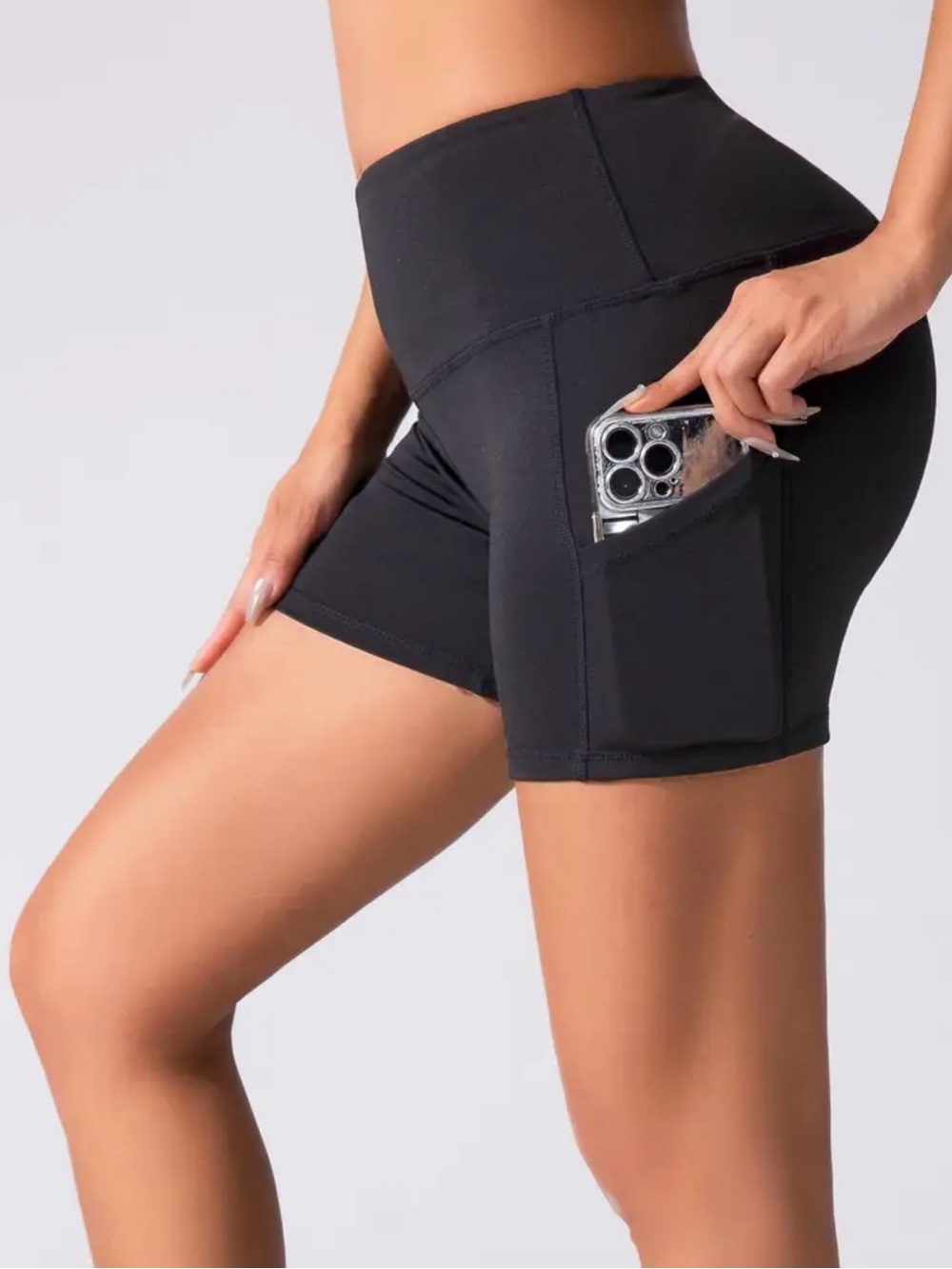 High-Waist Pocket Active Bike Shorts - Black